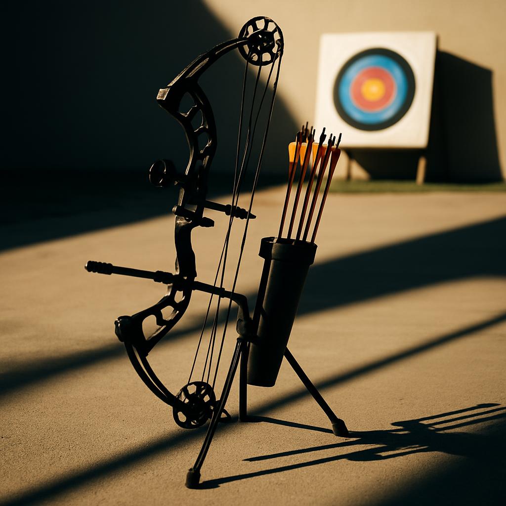 The alt text for the image is: "A bow, arrows, and archery target in an outdoor setting."
