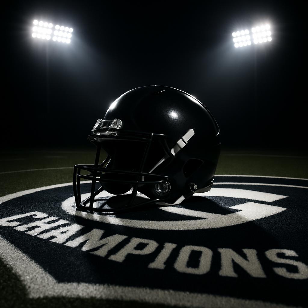 A football helmet sits on a rug, positioned to face the left of the image, within a football field with floodlights illumi...